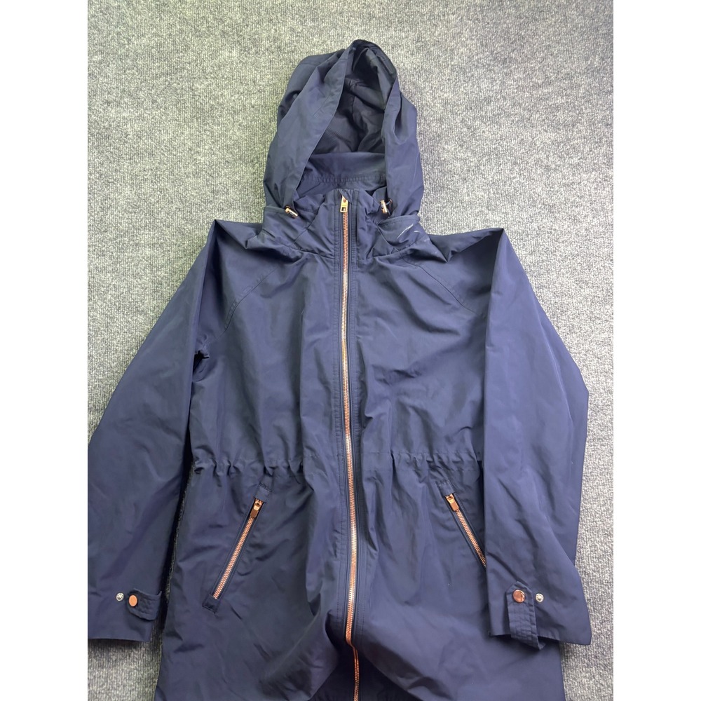 Athleta Hooded Rain Parka Women S Navy Blue Rose Gold Zip Cinched Waist Jacket